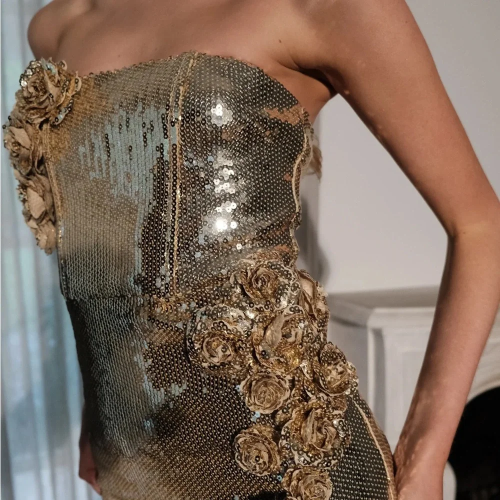 NWOT.  Meshki Gold Strapless Sequin Midi Dress. - Picture 5 of 7